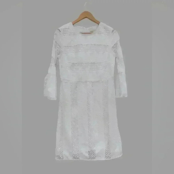 Loft Anne Taylor Women's Midi Eyelet White Lace Dress With Belle Sleeves Sz.Med - Picture 1 of 4